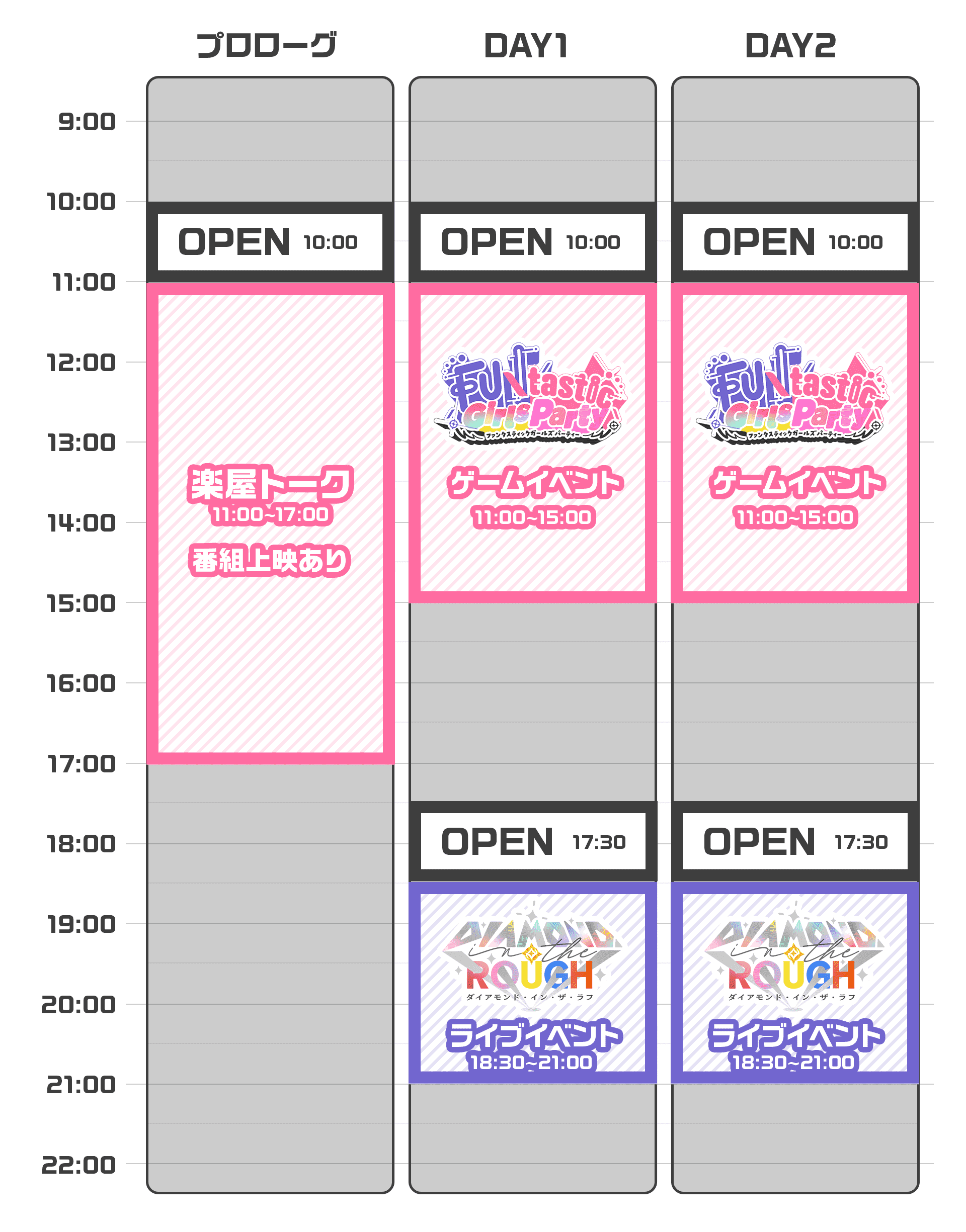 プロローグ OPEN 10:00 楽屋トーク 11:00-17:00 番組上映あり DAY1 OPEN 10:00 ゲームイベント 11:00-15:00 OPEN 17:30 ライブイベント 18:30-21:00 DAY2 OPEN 10:00 ゲームイベント 11:00-15:00 OPEN 17:30 ライブイベント 18:30-21:00