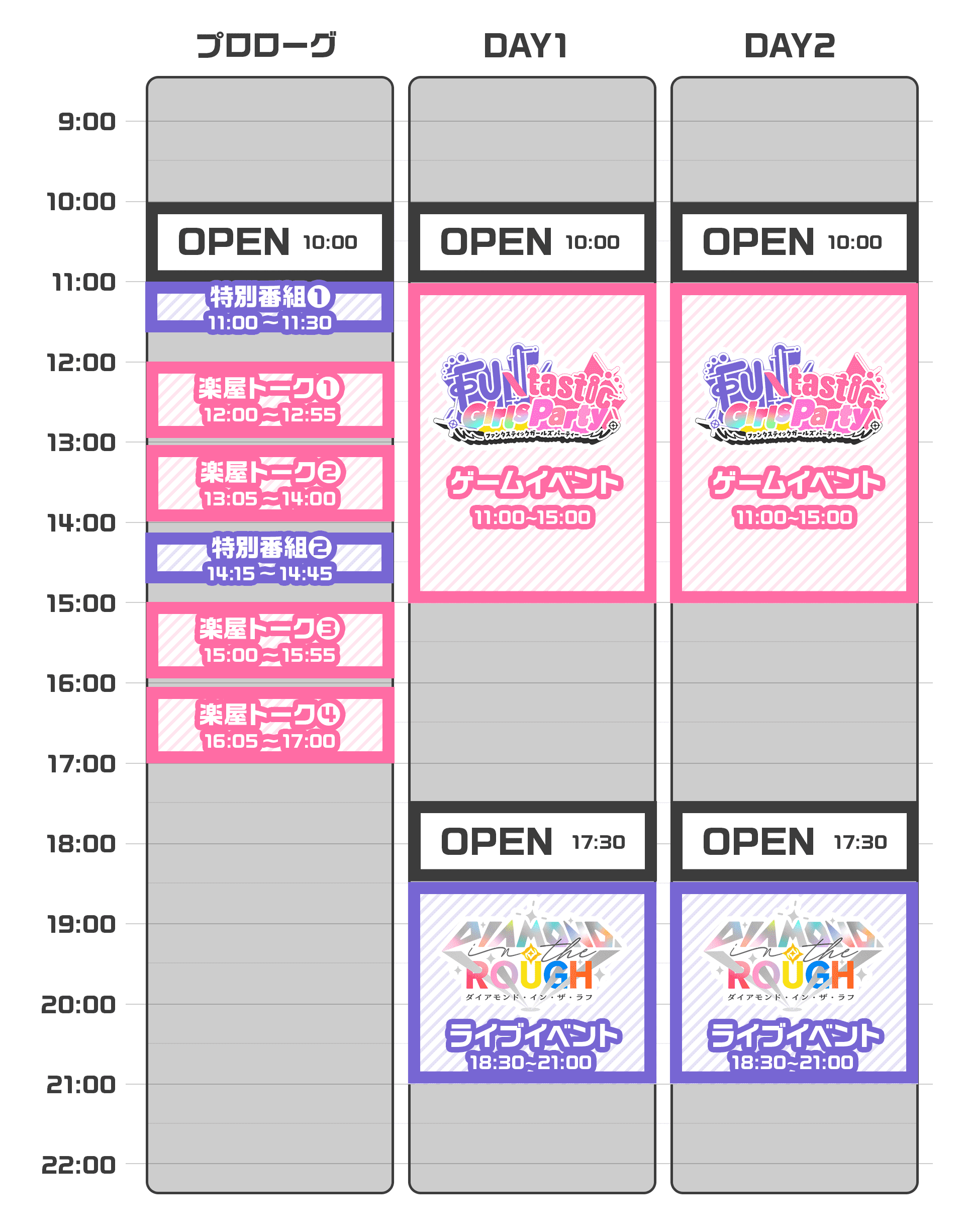 プロローグ OPEN 10:00 楽屋トーク 11:00-17:00 番組上映あり DAY1 OPEN 10:00 ゲームイベント 11:00-15:00 OPEN 17:30 ライブイベント 18:30-21:00 DAY2 OPEN 10:00 ゲームイベント 11:00-15:00 OPEN 17:30 ライブイベント 18:30-21:00