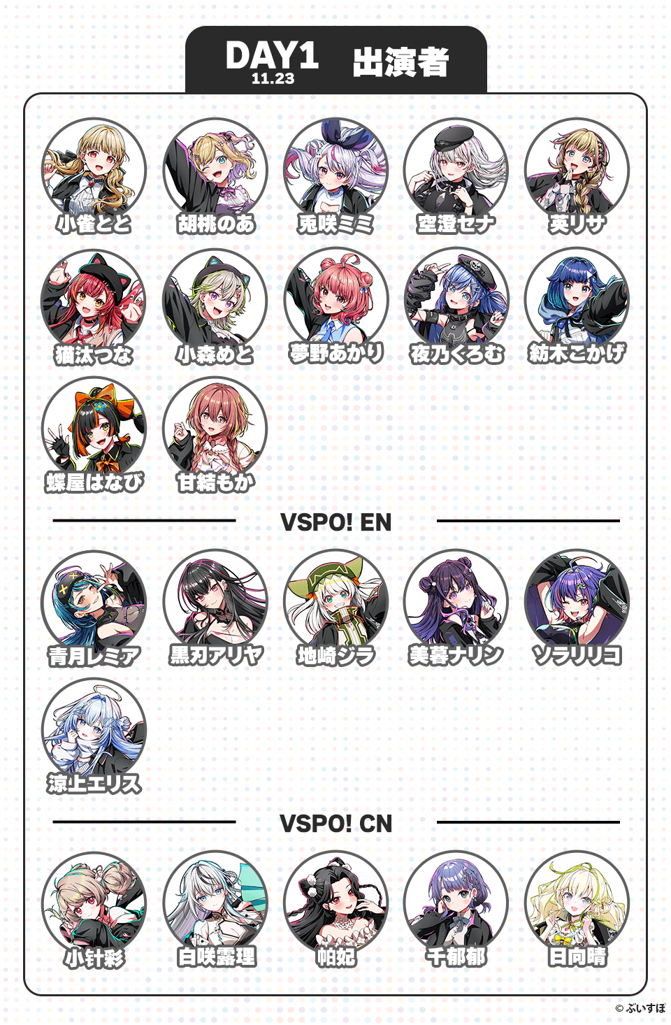 DAY1 11:23 出演者 小雀とと、胡桃のあ、兎咲ミミ、空澄セナ、英リサ、猫汰つな、小森めと、夢野あかり、夜乃くろむ、紡木こかげ、蝶屋はなび、甘結もか、青月レミア、黒刃アリヤ、地崎ジラ、美暮ナリン、涼上エリス、ソラリリコ、小针彩、白咲露理、帕妃、千郁郁、日向晴 ©︎ぶいすぽ