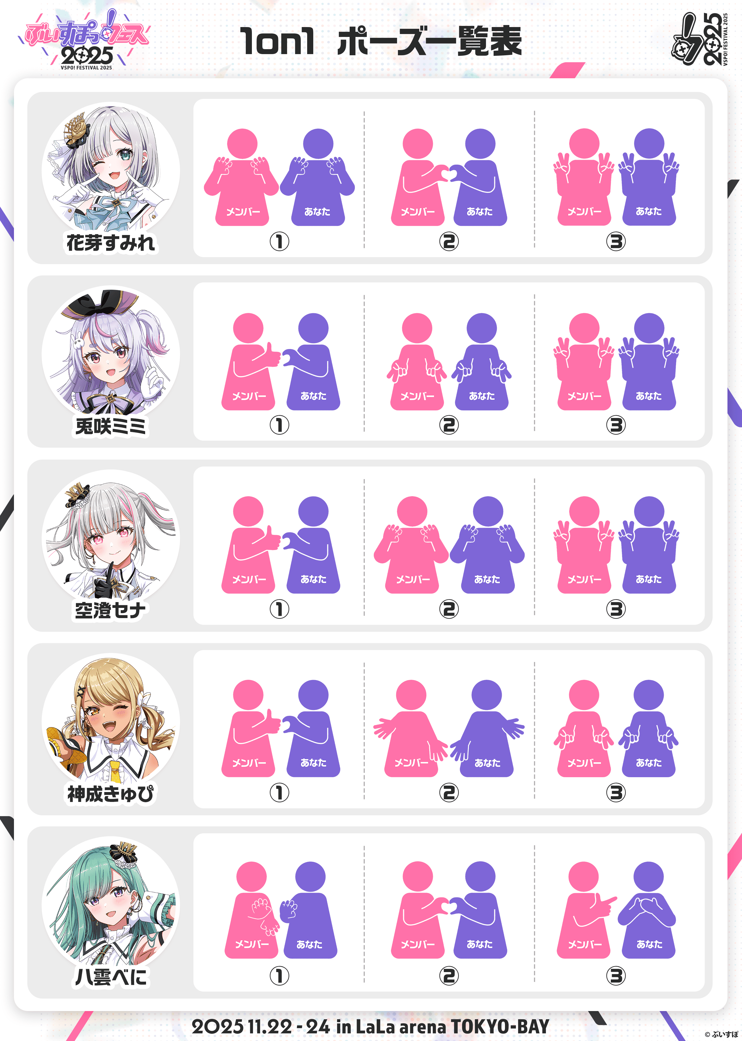 1on1 ポーズ一覧表 花芽すみれ 兎咲ミミ 安澄セナ 神成きゅぴ 八雲べに 2025.11.22-24 in LaLa arena TOKYO-BAY ©︎ぶいすぽ
