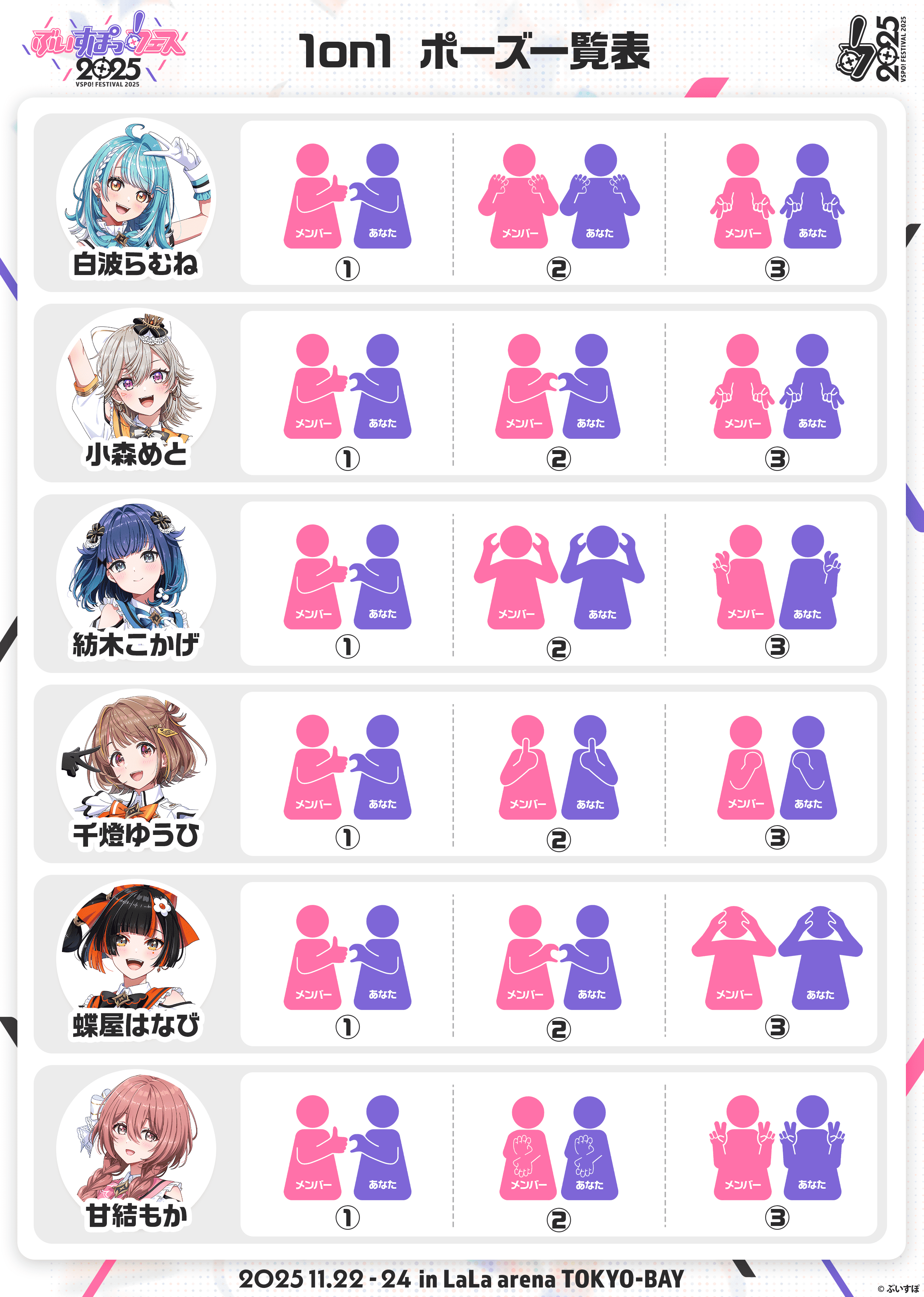 1on1 ポーズ一覧表 白波らむね 小森めと 紡木こかげ 千燈ゆうひ 蝶屋はなび 甘結もか 2025.11.22-24 in LaLa arena TOKYO-BAY ©︎ぶいすぽ