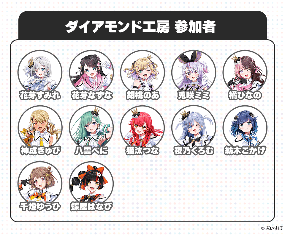ダイアモンド工房 参加者 花芽すみれ 花芽なずな 胡桃のあ 兎咲ミミ 橘ひなの 神成きゅぴ 八雲べに 猫汰つな 夜乃くろむ 紡木こかげ 千燈ゆうひ 蝶屋はなび ©︎ぶいすぽ