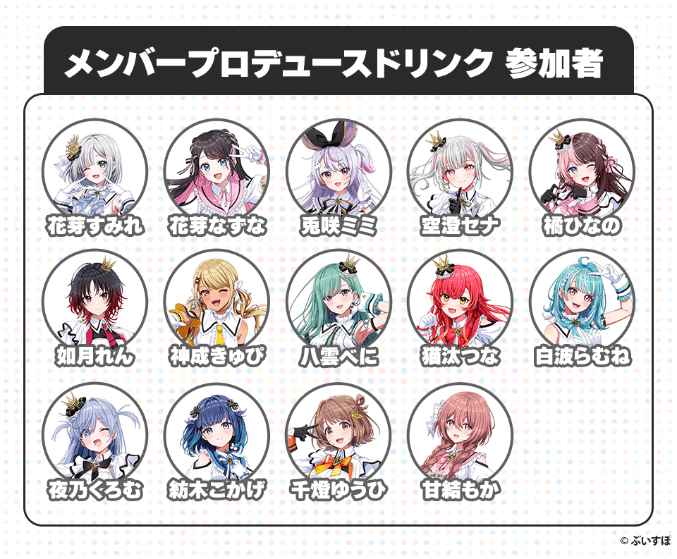 メンバープロデュースドリンク参加者 花芽すみれ 花芽なずな 兎咲ミミ 空澄セナ 橘ひなの 如月れん 神成きゅぴ 八雲べに 猫汰つな 白波らむね 夜乃くろむ 紡木こかげ 千燈ゆうひ 甘結もか ©︎ぶいすぽ